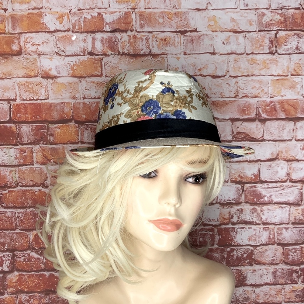 Cream Floral Retro Straw Brim Fedora Hat